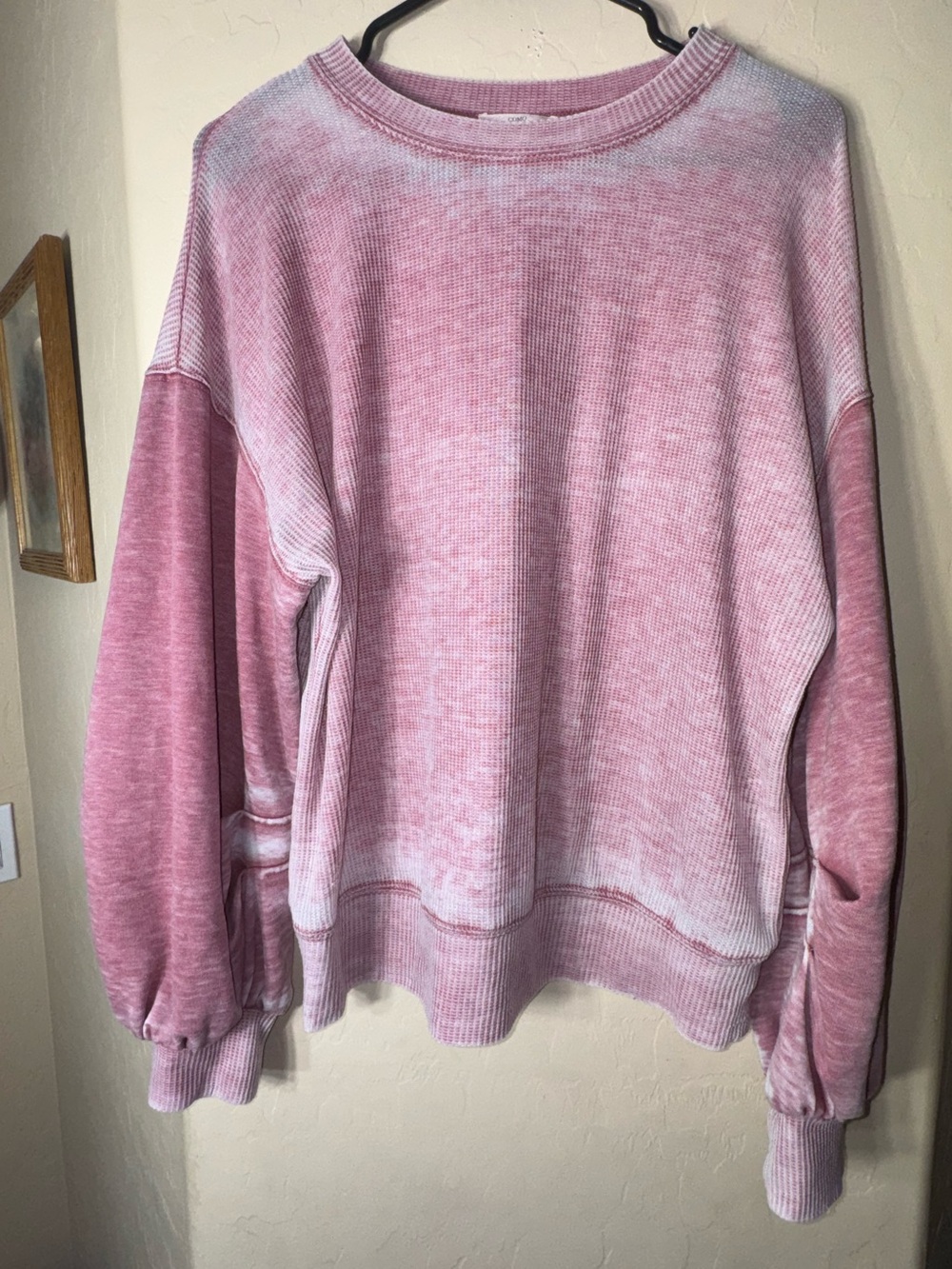 Como Vintage Pink Acid Wash Thermal Sweatshirt Balloon Sleeve Cozy Pullover